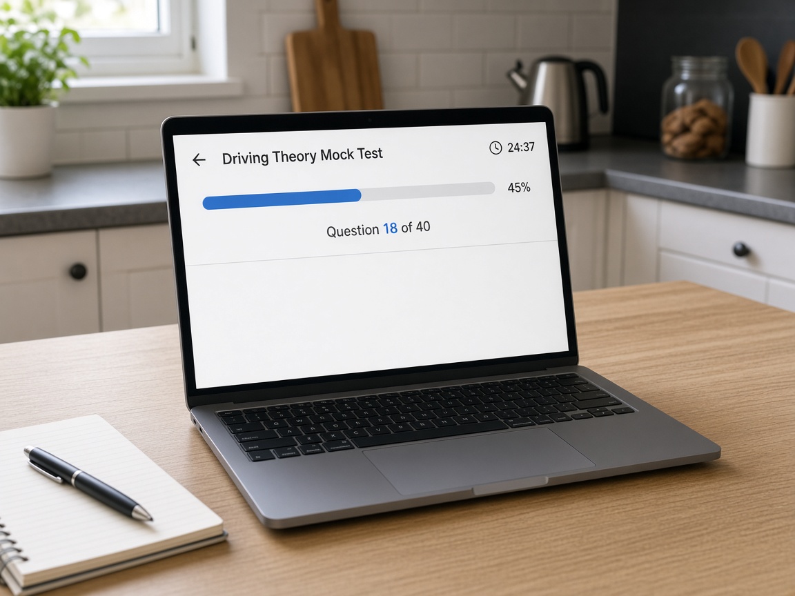 Timed car mock theory test on a laptop at home