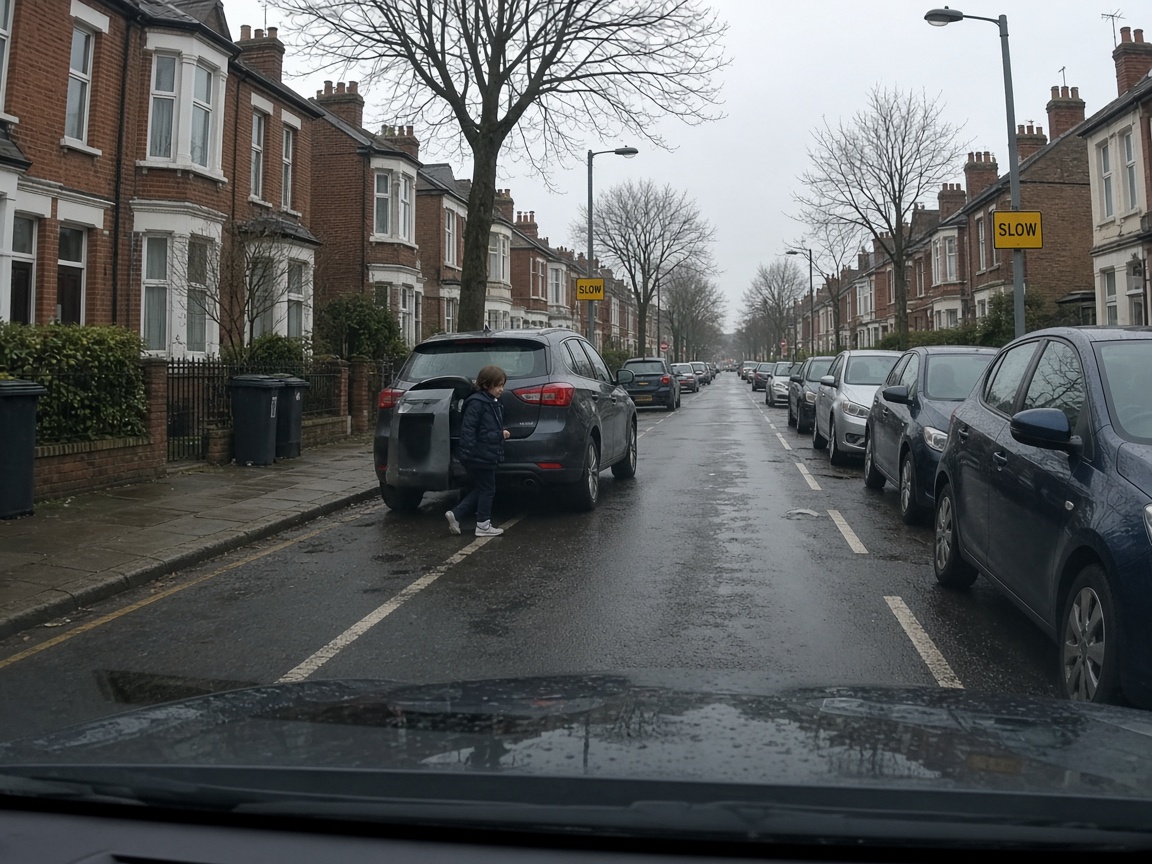 Driver view practising hazard perception on a UK street