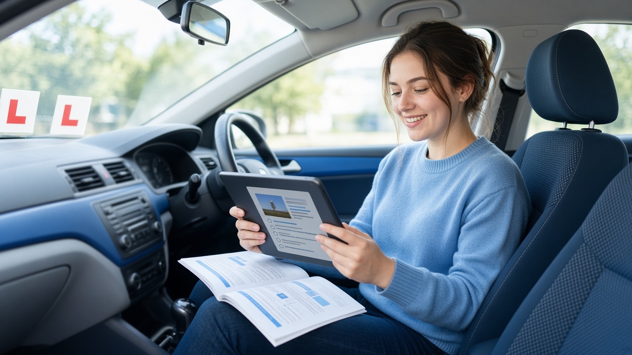 UK learner revising for the driving theory test in a car