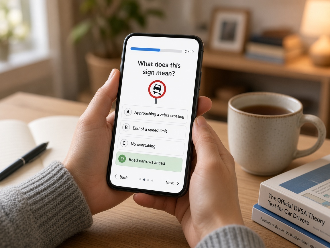 Learner revising theory test questions on a smartphone at home