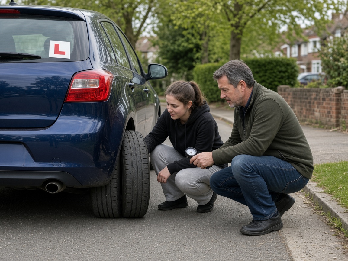 Learner and instructor checking car tyres for show me tell me questions