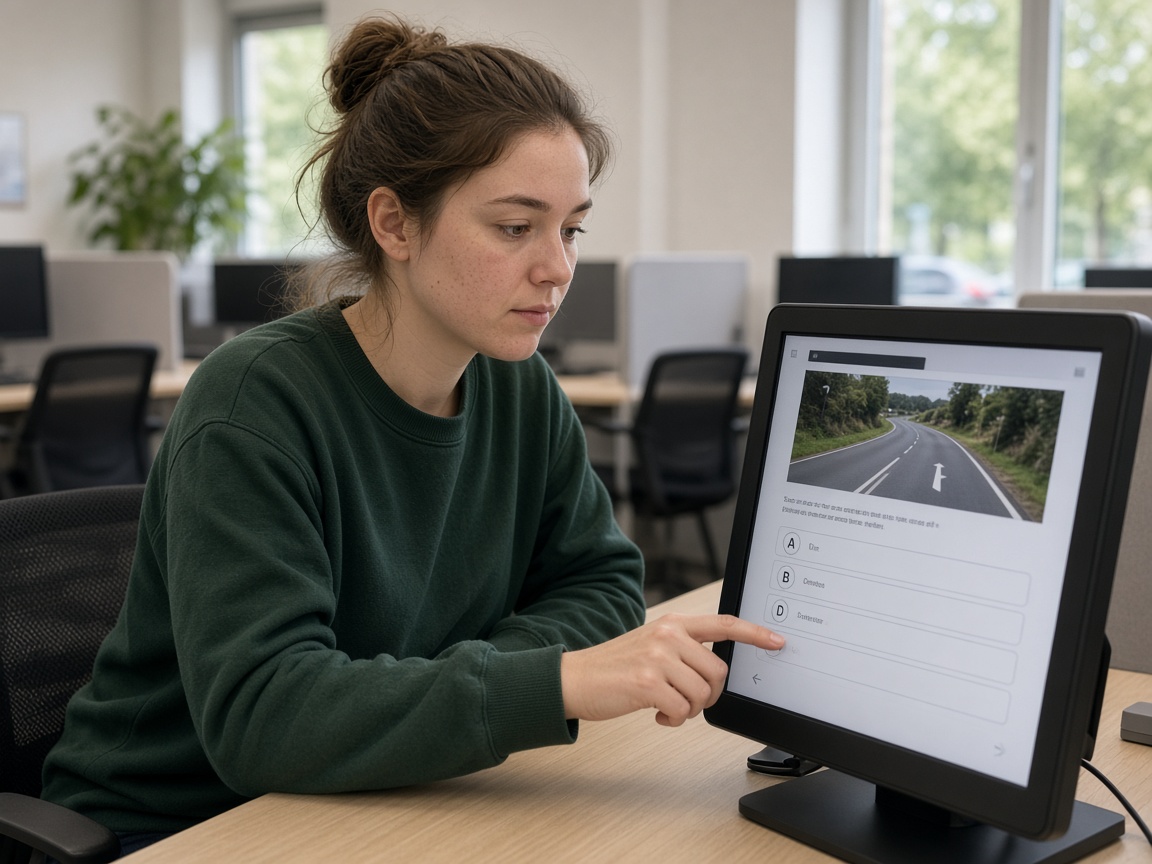 Learner taking the UK theory test on a computer at a test centre