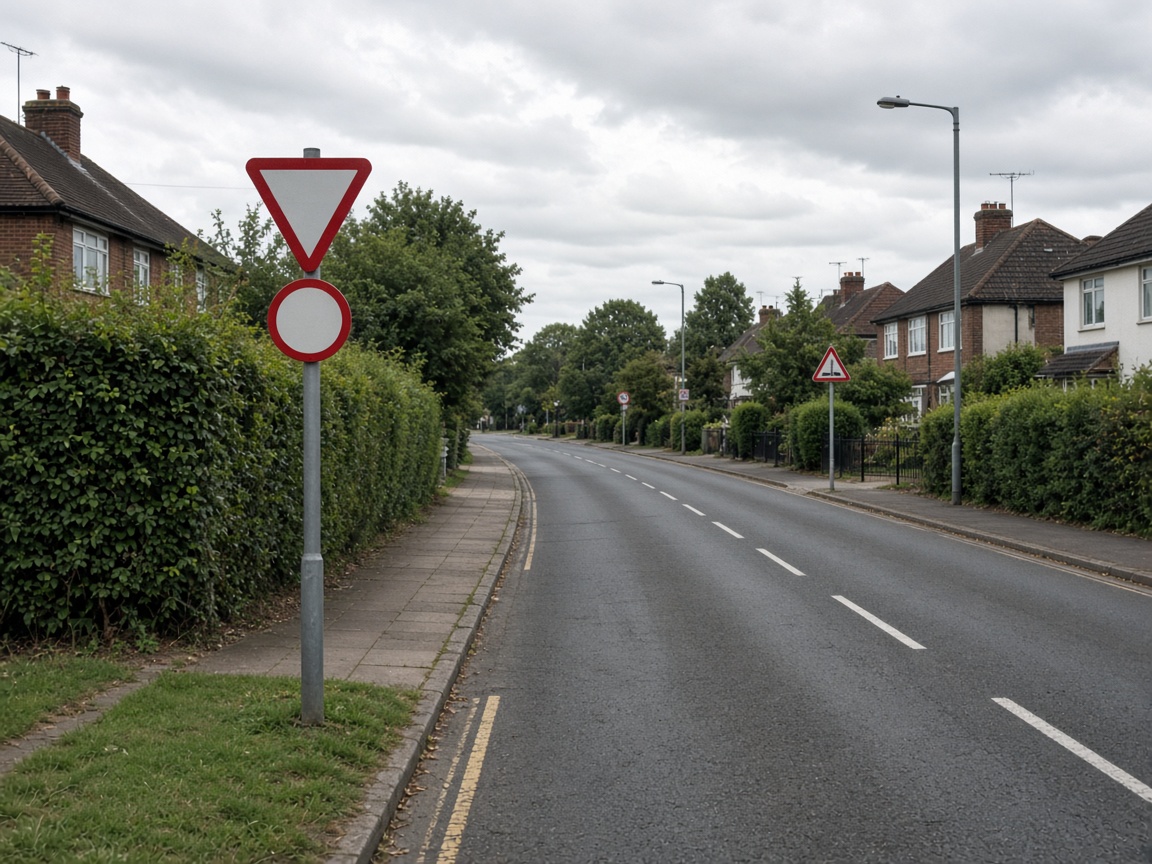 UK road signs and theory test revision topics along a suburban road